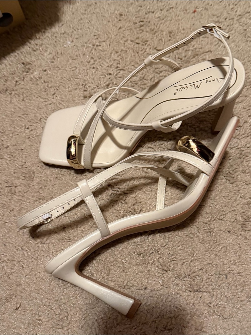 Anne Michelle Cream Strappy Block Heels with Gold Accent - Picture 5 of 6